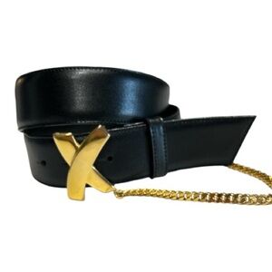 Vintage Paloma Picasso Signature X Black Leather Belt Gold Chain Accent Sz L